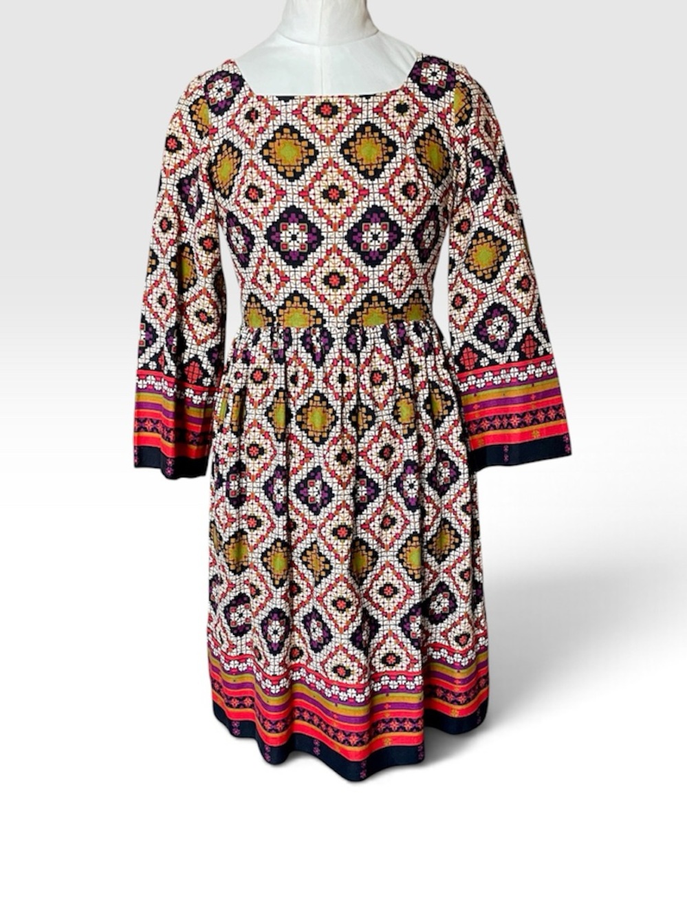 Vintage 70s Bohemian Dress Folkloric Geometric Print